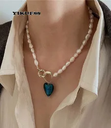 Yikuf88 S925 Sterling Silver Women Vintage Natural Pearl Blue Love Geometric Barock Female Necklace8787120