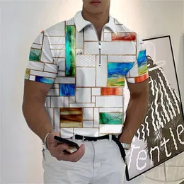 Mens Polo Shirt Plaid Print Zip Tshirt Summer Short Sleeve Daily Casual Golf High Quality Tops Fashion Men Clothing 240420