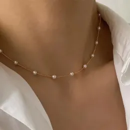 Vintage Imitation Pearl Chain Choker Halsband för kvinnor Guldsilverfärg Länk Kedjedagelhalsband