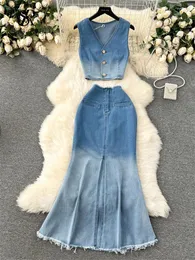 Work Dresses SINGREINY Vintage Denim Sets V-Neck Sleeveless Gradient Short Tops Zipper Split Fishtail Skirt 2024 Fashion High Quality Suits
