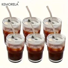 Tumblers 4/6pcs 450ml STRIPE CAM BRAP KAPAK VE Saman Kahve Kupa Çay Suyu Sütü Su İçki Yazılımı H240425