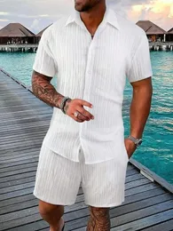Mens Fashion Summer Style Casual Solid Color Stripe Suit Male HighQuality TwoPiece Set US Size 240415