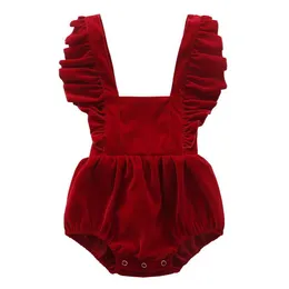 Rompers Velvet natalizio neonato per neonati per le navi inverno inverno in pizzo tuta senza maniche per il bambino in un pezzo di abbigliamento per neonati di Natale 0-24m H240425