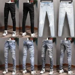 Patches Detalhe Biker Fit Jeans Men Slim Motorcycle para homens Vintage Denim Jean Pants HP4W