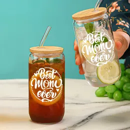 Tumblers 16oz زجاج شرب شفاف يمكن أن يرتفع البورسلية مع غطاء الخيزران UV هدايا ملصقات مخصصة لأمي هدية يوم الأم H240425