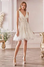 Party Dresses A Line Flare Short Cocktail Dress V Neckline Sleeveless Vestidos De Fiesta Beads Appiques Feather Hemline Prom Gown