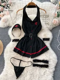 Seksi pijama tekre erotik moda seksi halter gece elbisesi yaz v boyun vintage kemer ince gece kıyafetleri kadınlar sırtsız cinsellik kulübü pijamalar d240425