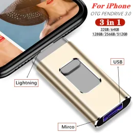 Драйвы для iPhone iPad ISO 3IN1 USB 3.0 Flash Drive 256 ГБ 128 ГБ 64 ГБ 32G Metal Pendrive Android OTG Mirco USB Memory Stick Custom Logo