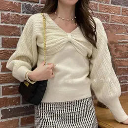 Kvinnors stickor Korejepo 2024 Gent Bow Sweater Tvåbit Set Spring Autumn Fashion Strap Tank Top Long Sleeve Romantic Knit Tops