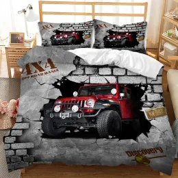 Set retro vintage biltryckt sängkläder set grå röd jeep täcke täcke set säng set tvilling drift drift storlek barn sovrum dekor hem textil