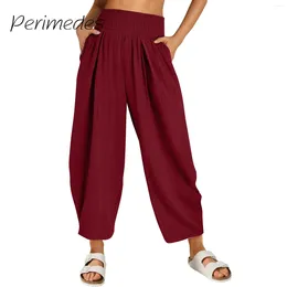 Calça feminina 2024 Moda de verão encolher calças respiráveis elegantes haren casual com bolsos pantalones