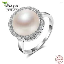 Clusterringe Hongye Authentische 925 Sterling Silber Elegante Schönheit 12mm großer weißer Süßwasserperlen Ring für Frauen Hochzeit Fine Schmuck Geschenk