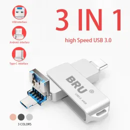 Drives Bru 3 w 1 OTG USB Flash Drive 3.0 dla iPhone 15 Pro Max Type C Android Sight Pen Drive Stick 64 GB 128 GB 256 GB Pendrive