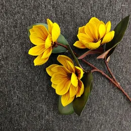 장식용 꽃 1pc 시뮬레이션 3 헤드 헤드 Eva 잎 매그놀리아 홈 거실 식탁 장식 가짜 인공 꽃
