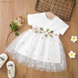 Girl's Dresses Summer Baby Dress Little Girl 3d Embroidery Flower Mesh Knitted Princess Party Birthday Clothes Toddler Daily Sweet Clothes d240425