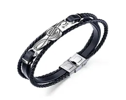 Mens Black Charm Leather Brafets Bracelets Clasp Fashion Music Note Design Design Hip Hop Punk Men Bracelet Handmade para Gift7884895