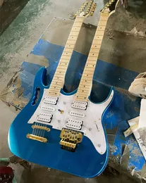 Double Neck 12+6 Strings Electric Guitar med gyllene hårdvara, netallisk blå kropp, gratis frakt, erbjudande logotyp/färganpassning