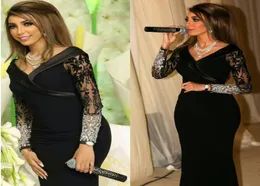 Sadui Arabia Black Evening Dresses v Neck Sheer Long Maniche con perle lussuose abiti da festa Dubai Party Style 7686269