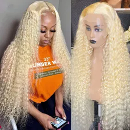613 Blonde Perücke 180d Dichte Curly Simuliertes menschliches Haar Perücken brasilianische Wasserwelle Spitze Vorderperücke Schwarz Frauen vorgezogen