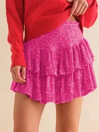 Spódnice Boho inspirowane mini cekinową spódnicę kobiety Smocked elastyczna talia zamek błyskawiczny różowy warstwowy partyjna dziewczyna