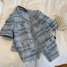 Summer Thin Temperament Tweed Top Small Doft Kort ärmjacka Chaqueta Mujer Plaid Shirts Crop Blazers Women Coat 240417