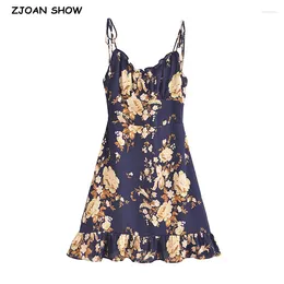 Casual Dresses Retro French Style Summer Navy Blue With Gold Flower Print Ruched Chest V Neck Mini Dress Sexy Ruffles Hem Lacing Up Sling