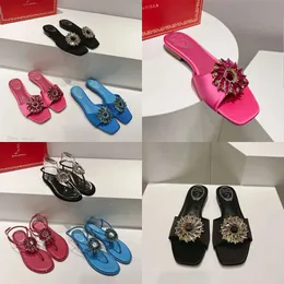 CRYSTAL BLOMNING PEBRELLISHED BUCKLA LATT SLIDES Slids Mules Fashion Sandaler Öppna tår Designer för kvinnliga semesterlägenheter och fritidssandal Originalkvalitet