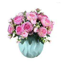 Flores decorativas 1 Bunco de 9 cabeças de chá artificial Rosas peony seda Diy Family Garden Party Wedding Decoration