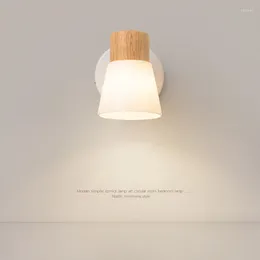 Wall Lamp QIBOMEI Nordic LED Wood Lamps Bedroom Bedside Living Room Indoor Lighting Sconce Aisle Home Decor Glass Lampshade