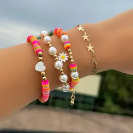 Charm Bracelets Salircon Boho Mixed Color Soft Polymer Clay Beads Flat Round Bracelet Punk Metal Star Chain Women's Aesthetic Jewelry