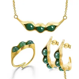 Anhänger Halsketten Anhänger Lotus Fun Real Sterling Sier Fine Jewelry Natural Stones Erbsenkapseln Design -Set mit Ringropfen Ohrring Halsliste DHA8B