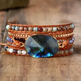 Premium Women Wrap Armband Labradorite Natural Stones 5 gånger läderremarmband Multilayers Beadwork Armband Dropship 240410