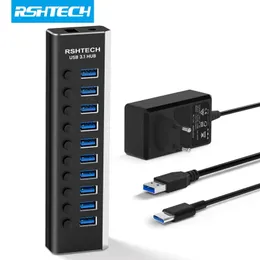 RSHTECH USB 3.1 허브 10 포트 데이터 전송 10GBPS 알루미늄 36W USB 확장 허브가 12v/3A 전원 어댑터 USB C Hub Splitter 240418