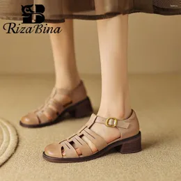 Sandals RIZABINA Real Leather Women Roman Round Toe Thick Heels Summer Beach Shoes Ladies Comfort Gladiator Pumps