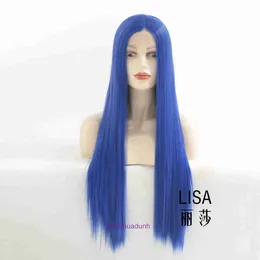 100% Human Hair Full Lace Wigs Wig Blue Fashion Long Smooth Straight Half Hand Hook Front Synthetic Fiber Head Cover