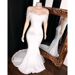 Strapless Mermaid Dresses Feather White 2020 Satin Ruched Backless Long Formal Party Prom Evening Celebrity Gowns