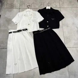 Two Piece Dress Designer brand triangle product flip collar short suit jacket with high waist and belt pleated skirt set