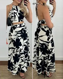Work Dresses Women's Casual Vacation Plants Print Backless Halter Top & Skirt Set Female Clothes Summer Women Fashion Skirts Sets