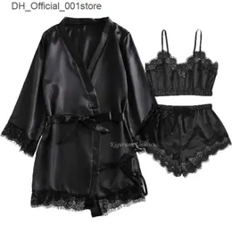 Seksowne set czarny seksowne damskie piżama satyna 4 -częściowa koronkowa jedwabna wisiorek
