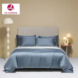 Livesthete Blue Gray Top Grade 100％Silk Bedding Set Queen King Divet Cover Pillowcaseフラットシートベッドディープスリープ240420