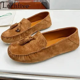 Casual Shoes 2024 Luchfive Suede Tassels Flats kvinnor glider på runda tå loafers varumärke Walking Mujer