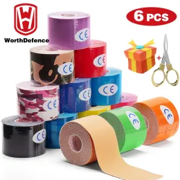 Pads Worthdefence 6Pcs Kinesiology Tape Athletic Recovery Elastic Tapes Gym Fitness Bandage Jiont Support Muscle Pain Relief Knee Pad