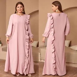 Abito in caftano rosa alla moda pieghettata Abaya Dubai Turchia Ramadan Dresses Women Women Elegant Full Sleeve Evening Party Abiti 240415