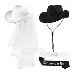 Headpieces 1set Handmade Groom Bride Cowgirl Hat Bridal Shoulder Strap Western Shinning White Black Fedora With Yarn Veil