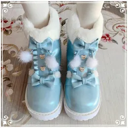 Boots Winter Kawaii Girl Sweet Lolita Vintage Round Head Plush Cashmere Warm Women Shoes Cute Bowknot Snow
