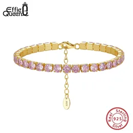 effie Queen 925 Sterling Silver Shiny Pink CZ Tennis Bracelet Luxury 4mm Zircon Chain jewelry for Women SB19 240423