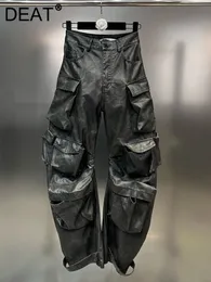 DEAT Multi Pocket Design Vintage PU Leather Pants for Women High midje Single Button Cargo byxor Höstkvinna 11xx5286 240420