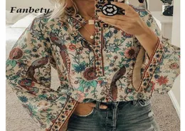 Fanhety Plus Size Autumn Chic Blauses Women Peacock Floral Print Long Sleeve Shirts Women Casual Vneck Boho blus Topps Female6469840