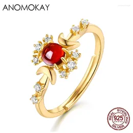 Ringos de cluster anomokay romântico vermelho redonda de cristal dourado mulheres amantes 925 coroa de cz branca de prata esterlina para festa de casamento