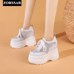 Casual Shoes 14cm äkta läderplattform kil sneakers sommar superhög klackar chunky andningsbar fritid ihåliga kvinnor